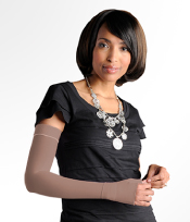 woman dressed in black wearing beige juzo arm sleeve